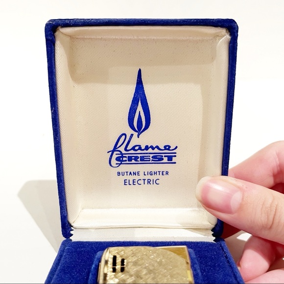 Vintage Flame Crest Electric Light Gold Tone Metal Star Blue Velvet Case Box - Picture 7 of 10